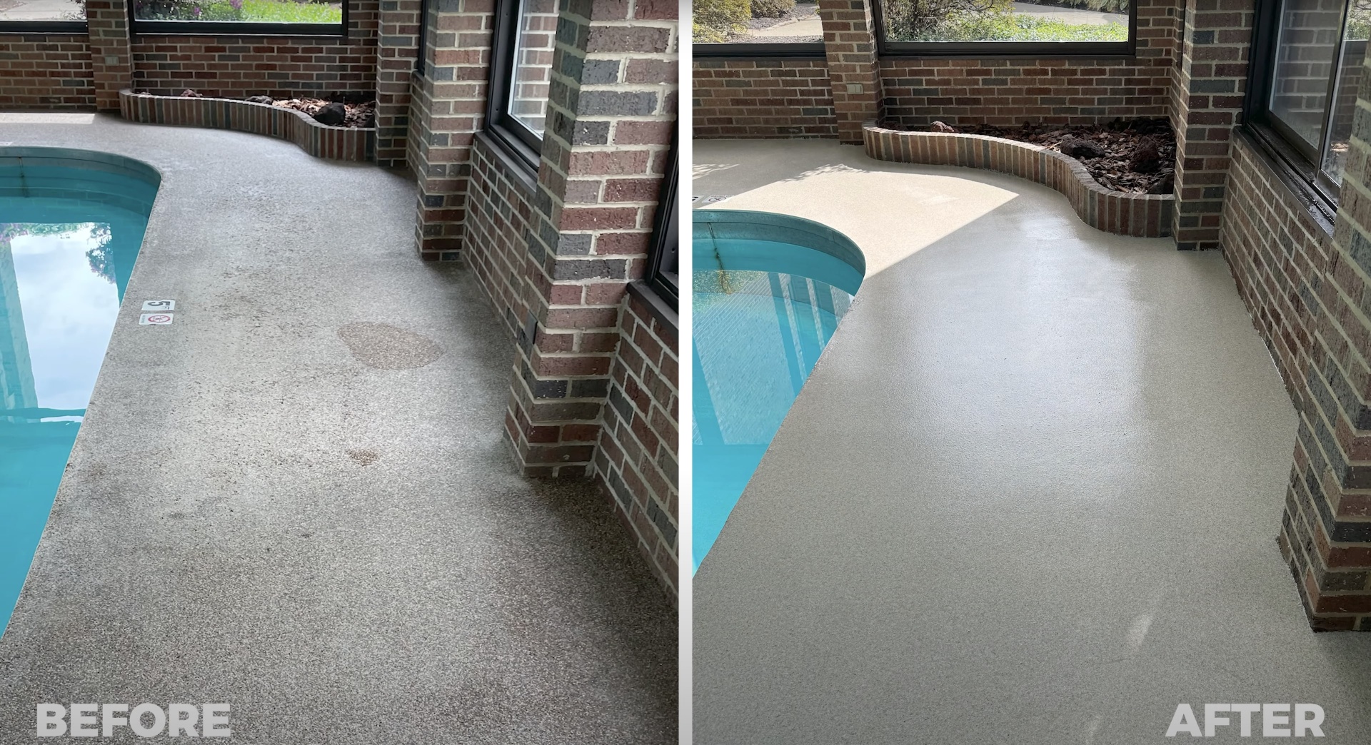 Pool deck resurfacing and restoration services Pool deck concrete resurfacing before and after comparison